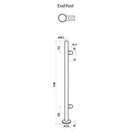 Technical drawing of Stainless Steel Glass Balustrade 48.3mm End Post, 1100mm High, 316 Grade - Fast and free delivery from Gladwell Glass