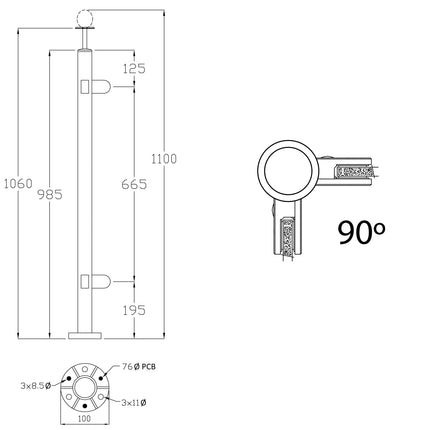 Stainless Steel Corner Post 90° for Glass Balustrade Handrail, G316 Premium - Gladwell Glass 